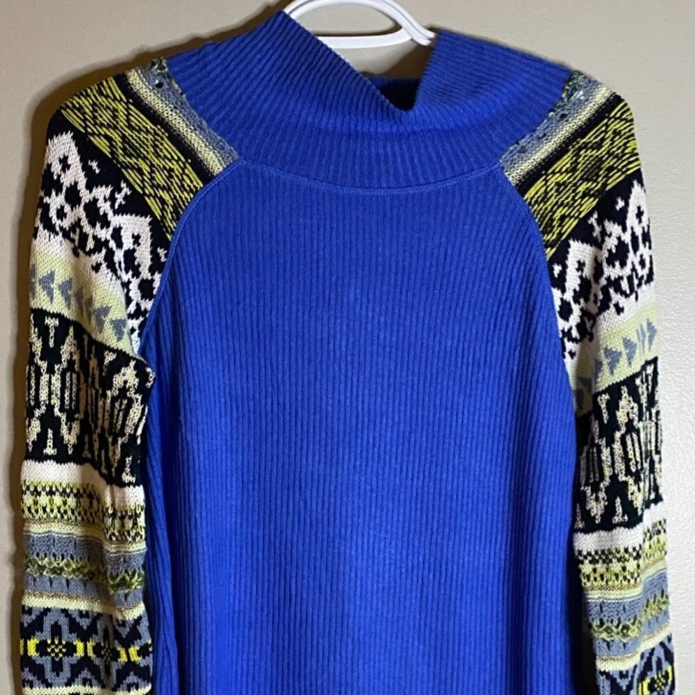 Free People Womens Fair Isle Cowl Neck Sweater - S / Blue Bell
